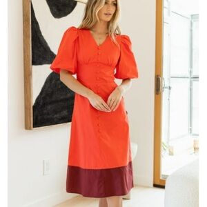 NWT Bohme red coral midi dress button balloon sleeve women's size L 10